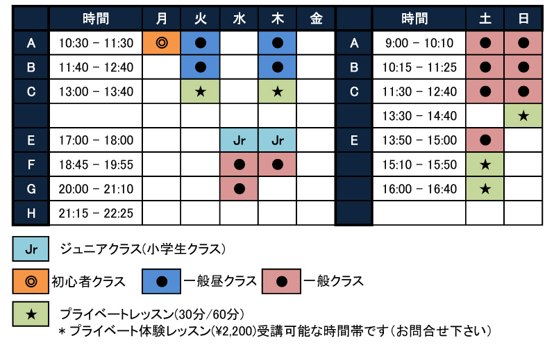 ジュニアゴルフスクール、大人のゴルフスクール時間割